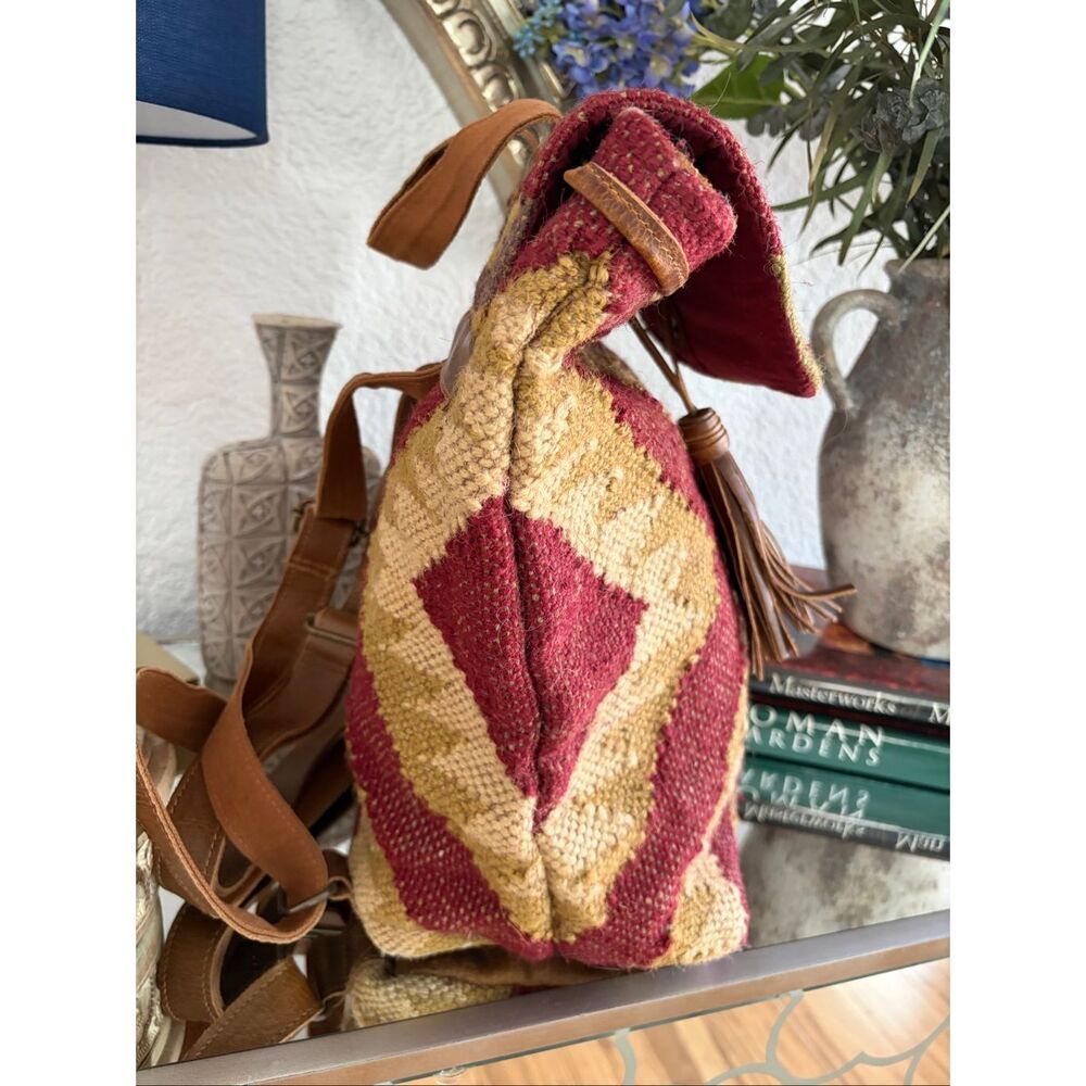 Lovestitch Wine Carpet Backpack Ikat Jute Leather Tassel Boho Festival Bag - Picture 9 of 12